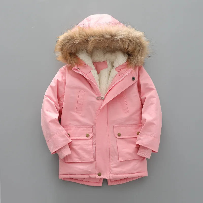 Kids Coats- Kid's Hooded Winter Coat Fleece-Lined Jacket- Pink- IndioGear Women Clothing