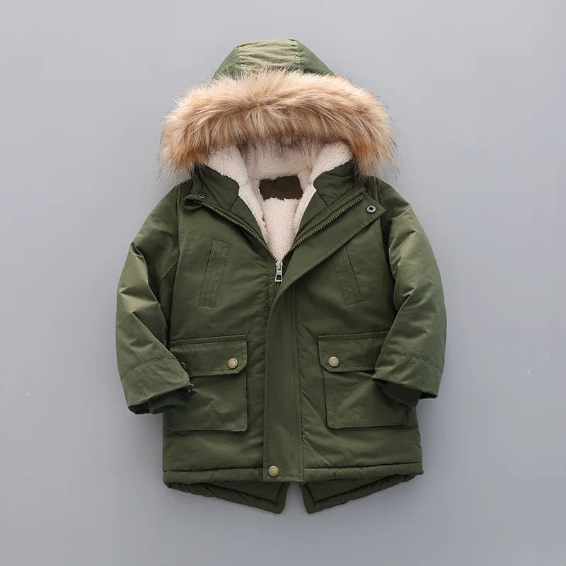 Kids Coats- Kid's Hooded Winter Coat Fleece-Lined Jacket- Green- IndioGear Women Clothing