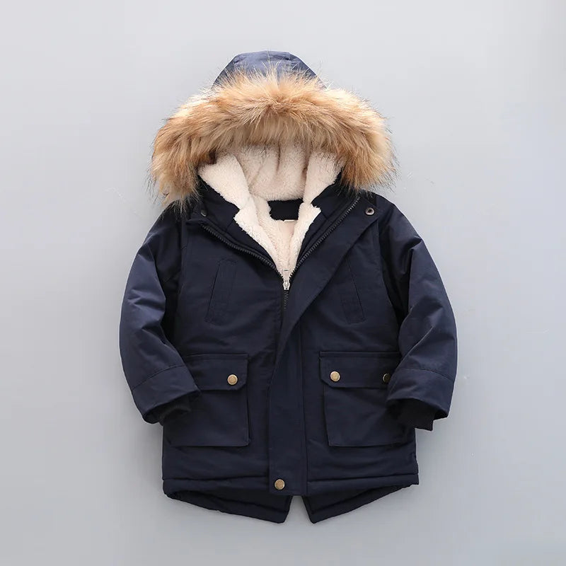 Kids Coats- Kid's Hooded Winter Coat Fleece-Lined Jacket- Dark Blue- IndioGear Women Clothing