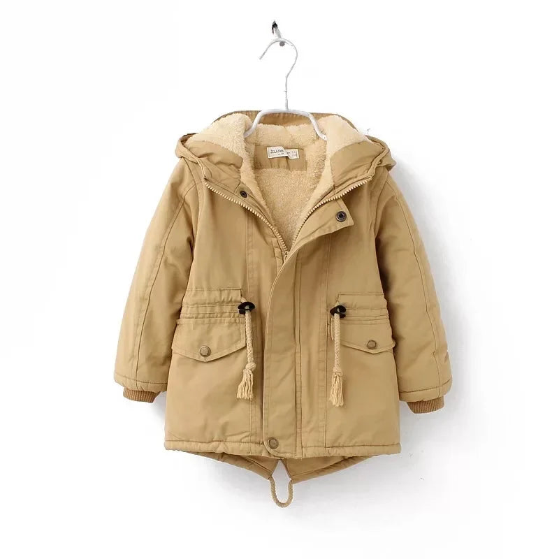 Kids Coats- Kids' Hooded Winter Coat Fleece-Lined Jackets- Khaki- IndioGear Women Clothing