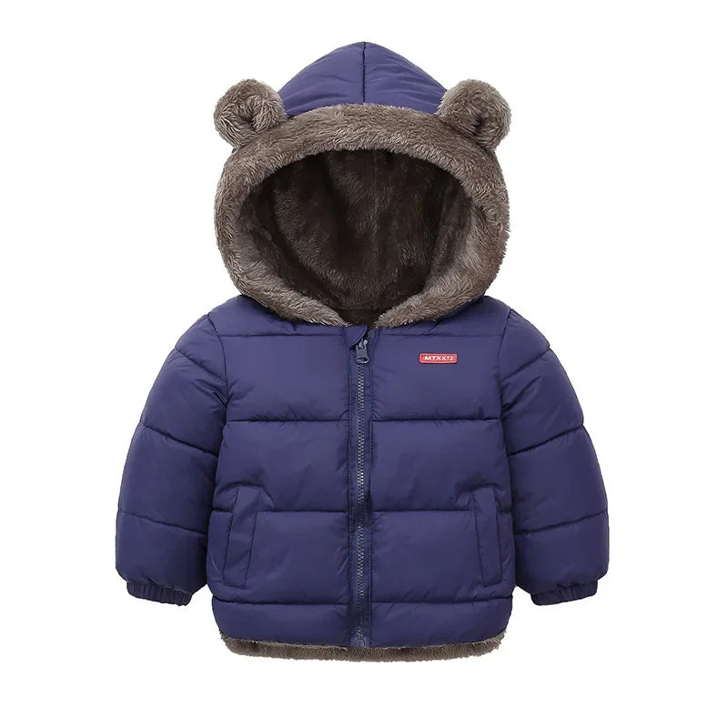 Kids Coats- Plush Ear Puffer Jacket Bear Hooded Outerwear for Kids- Blue- IndioGear Women Clothing