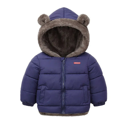 Kids Coats- Plush Ear Puffer Jacket Bear Hooded Outerwear for Kids- Blue- IndioGear Women Clothing