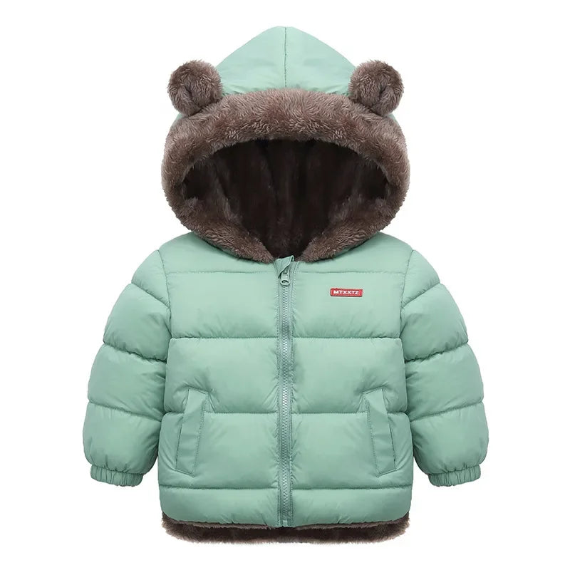 Kids Coats- Plush Ear Puffer Jacket Bear Hooded Outerwear for Kids- Green- IndioGear Women Clothing