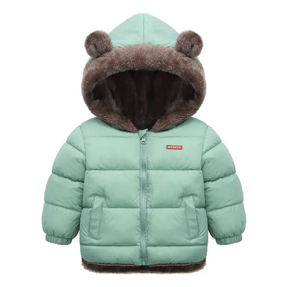 Kids Coats- Plush Ear Puffer Jacket Bear Hooded Outerwear for Kids- Green- IndioGear Women Clothing