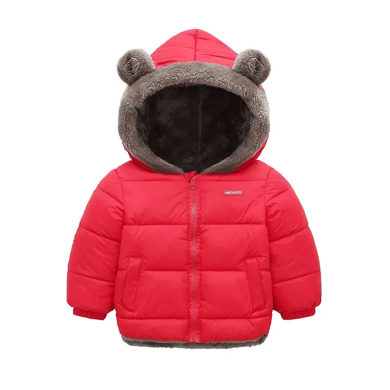 Kids Coats- Plush Ear Puffer Jacket Bear Hooded Outerwear for Kids- Red- IndioGear Women Clothing