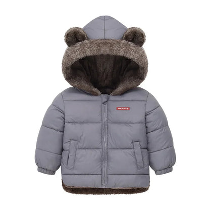 Kids Coats- Plush Ear Puffer Jacket Bear Hooded Outerwear for Kids- Gray- IndioGear Women Clothing