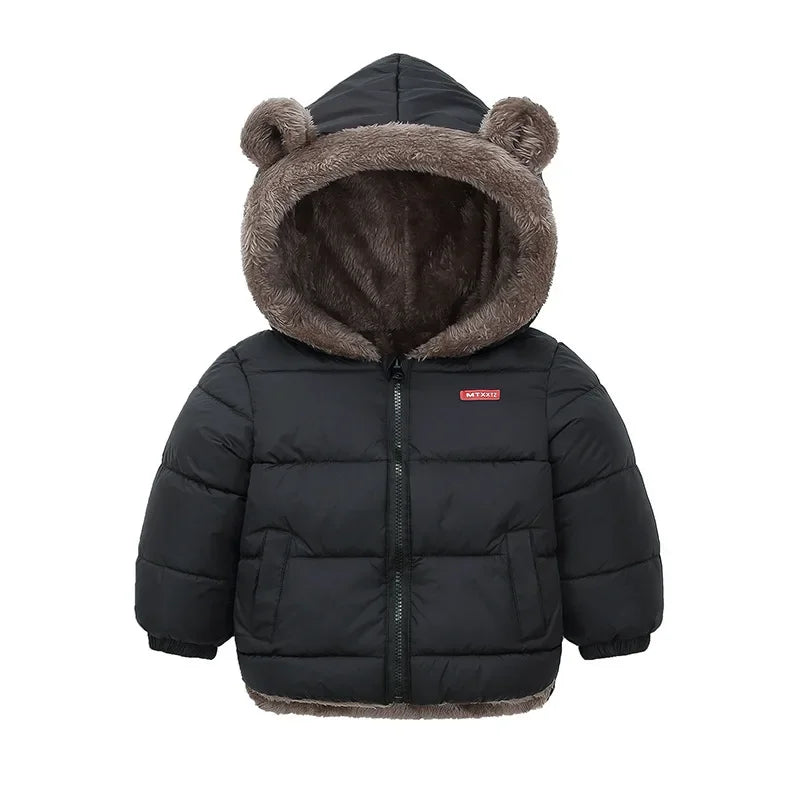 Kids Coats- Plush Ear Puffer Jacket Bear Hooded Outerwear for Kids- Black- IndioGear Women Clothing