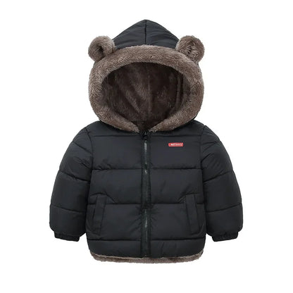 Kids Coats- Plush Ear Puffer Jacket Bear Hooded Outerwear for Kids- Black- IndioGear Women Clothing