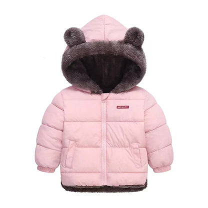 Kids Coats- Plush Ear Puffer Jacket Bear Hooded Outerwear for Kids- Pink- IndioGear Women Clothing