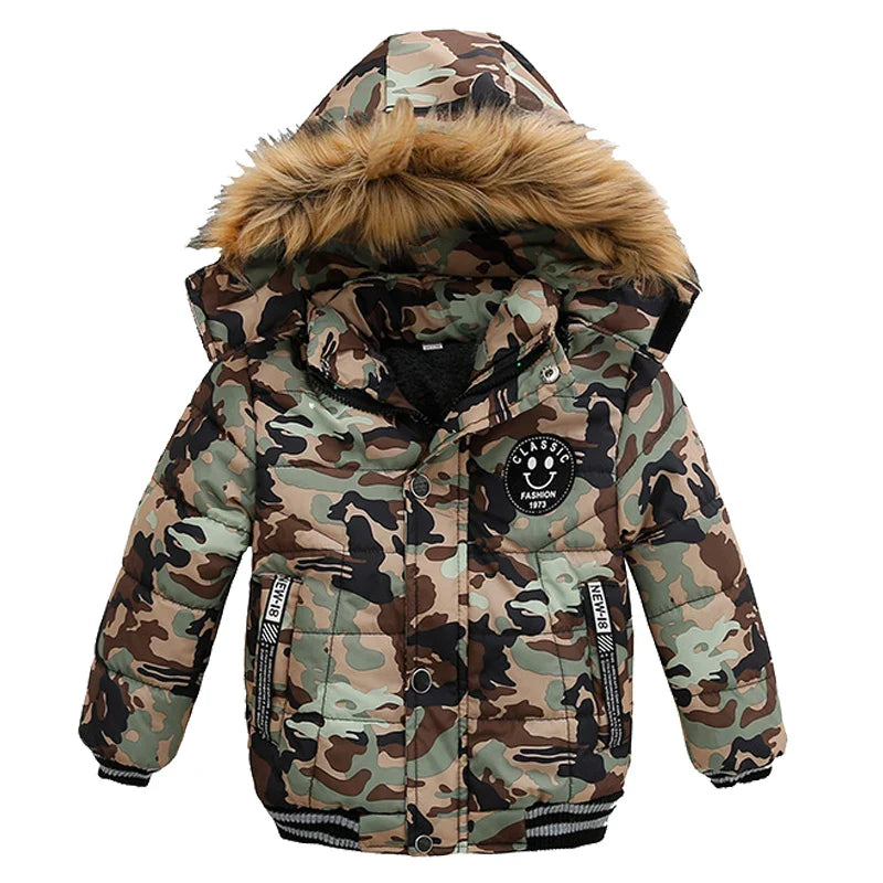 Kids Coats- Winter Hooded Puffer Coat - Kids' Parka Jacket- Military Print- IndioGear Women Clothing