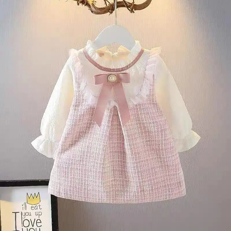 Kids Dresses- Adorable Long Sleeve Tweed Dress for Toddlers- Pink- IndioGear Women Clothing