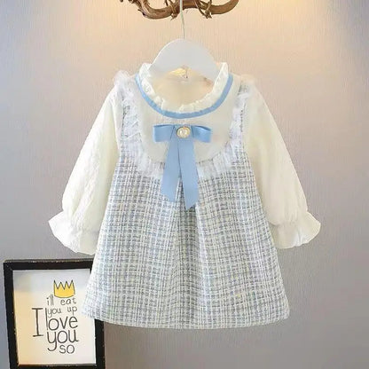 Kids Dresses- Adorable Long Sleeve Tweed Dress for Toddlers- Blue- IndioGear Women Clothing