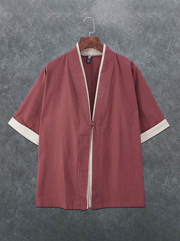 Kimono Shirt- Men's Linen Blend Kimono Shirt - Perfect for Summer Evenings- Wine Red- IndioGear.com