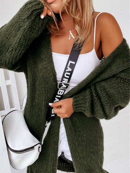 Knit Cardigans- Slouchy Knit Open Front Cardigan- Green- IndioGear Women Clothing