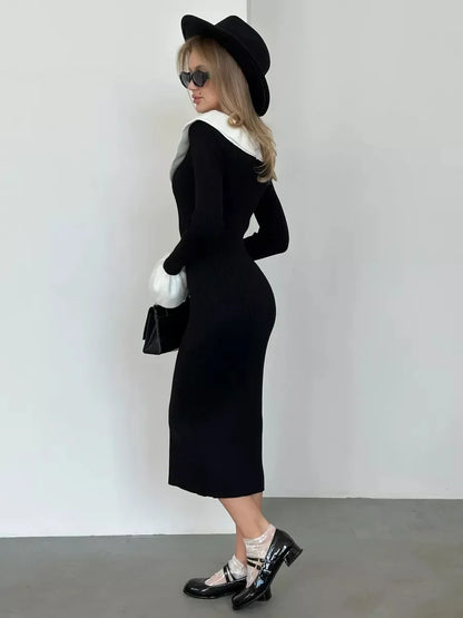 Knit Dresses- Minimalist Black Dress with White Accents- - IndioGear