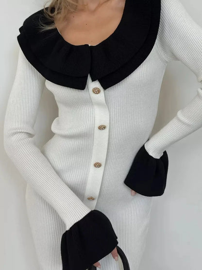 Knit Dresses- Minimalist Black Dress with White Accents- - IndioGear