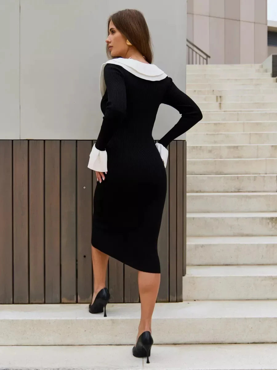 Knit Dresses- Minimalist Black Dress with White Accents- - IndioGear