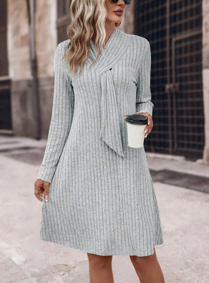 Knit Dresses- Ribbed Shawl Collar Fall Knit Dress- Gray- IndioGear.com