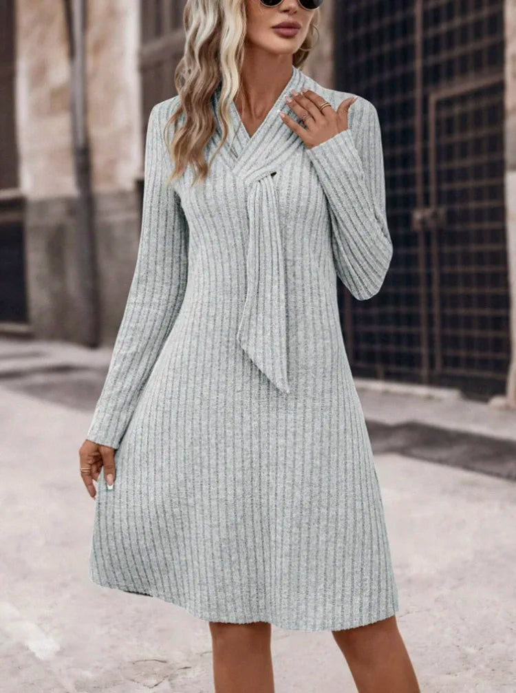 Knit Dresses- Ribbed Shawl Collar Fall Knit Dress- - IndioGear.com