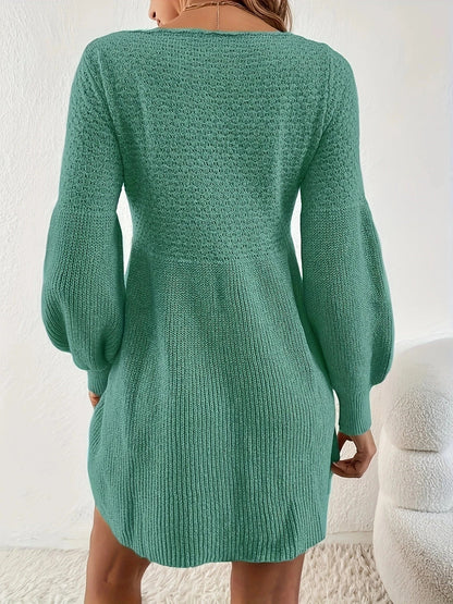 Knit Dresses- Textured Green Knit Dress with Bishop Sleeve- - IndioGear.com