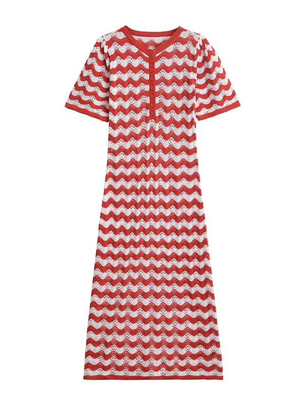 Knit Dresses- Zigzag Crochet Midi Dress- Red- IndioGear.com