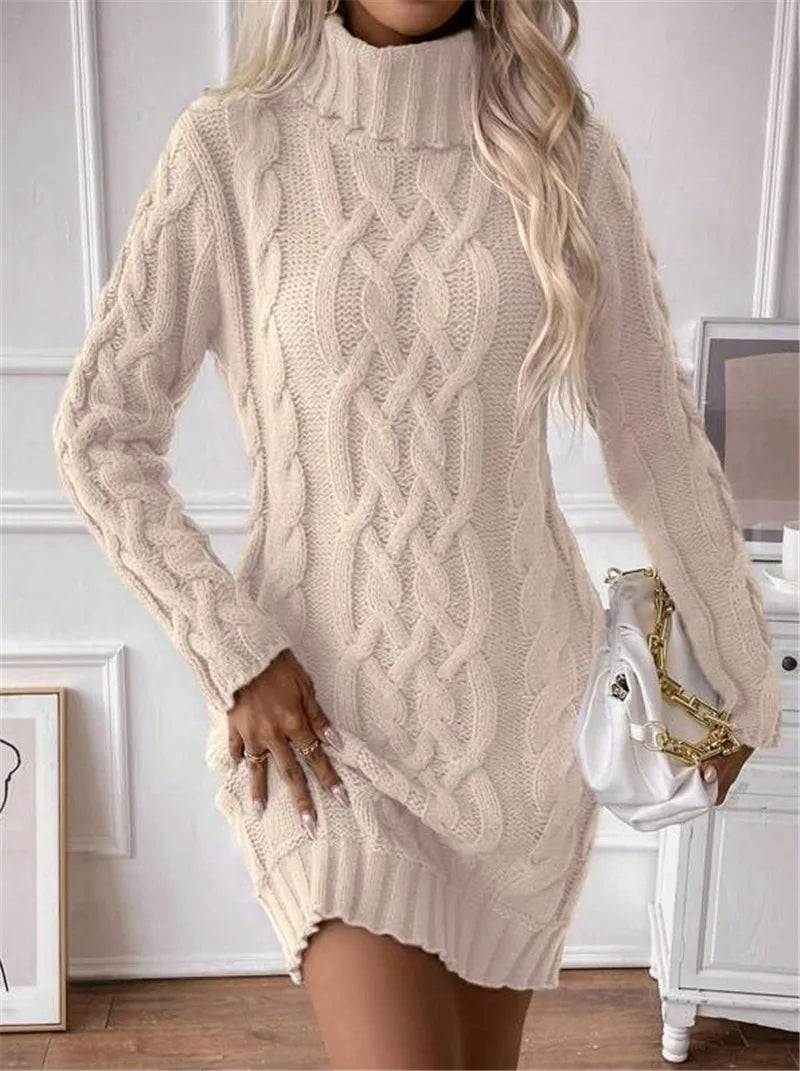 Knit Mini Dresses- Cable Knit Turtleneck Mini Dress- - IndioGear.com