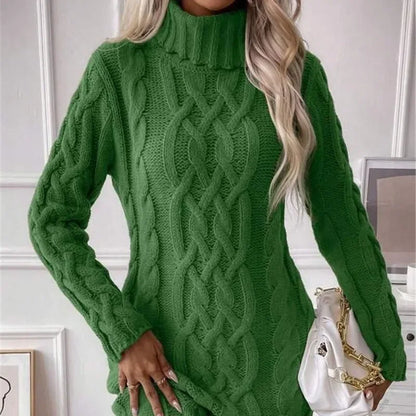 Knit Mini Dresses- Cable Knit Turtleneck Mini Dress- - IndioGear.com