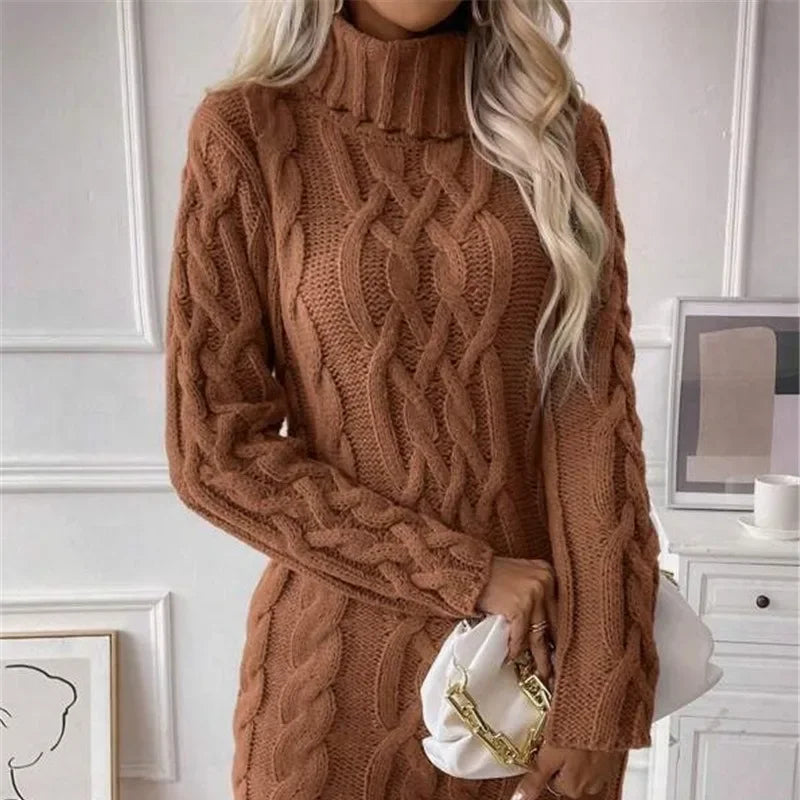 Knit Mini Dresses- Cable Knit Turtleneck Mini Dress- - IndioGear.com