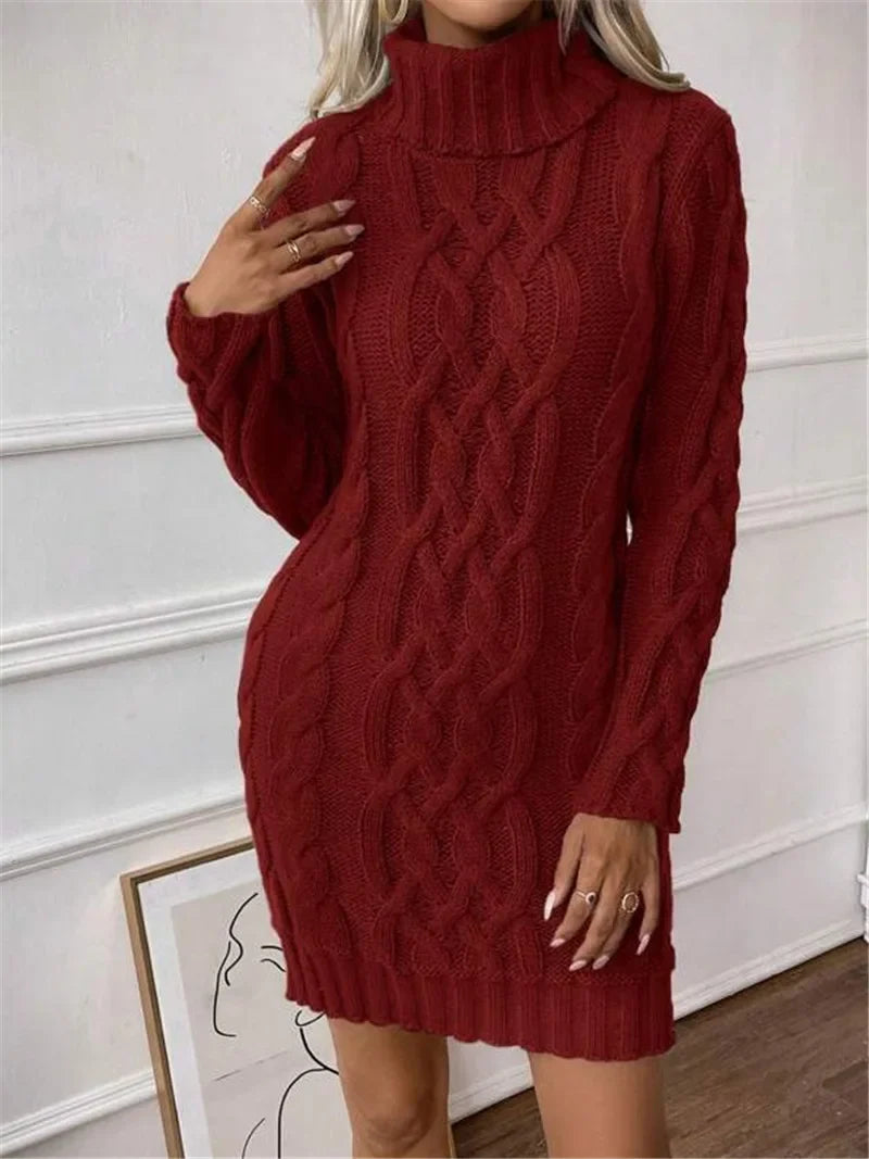 Knit Mini Dresses- Cable Knit Turtleneck Mini Dress- - IndioGear.com