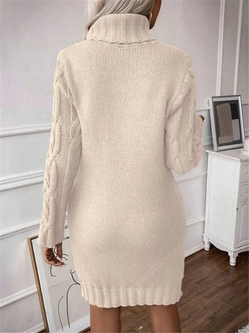 Knit Mini Dresses- Cable Knit Turtleneck Mini Dress- - IndioGear.com