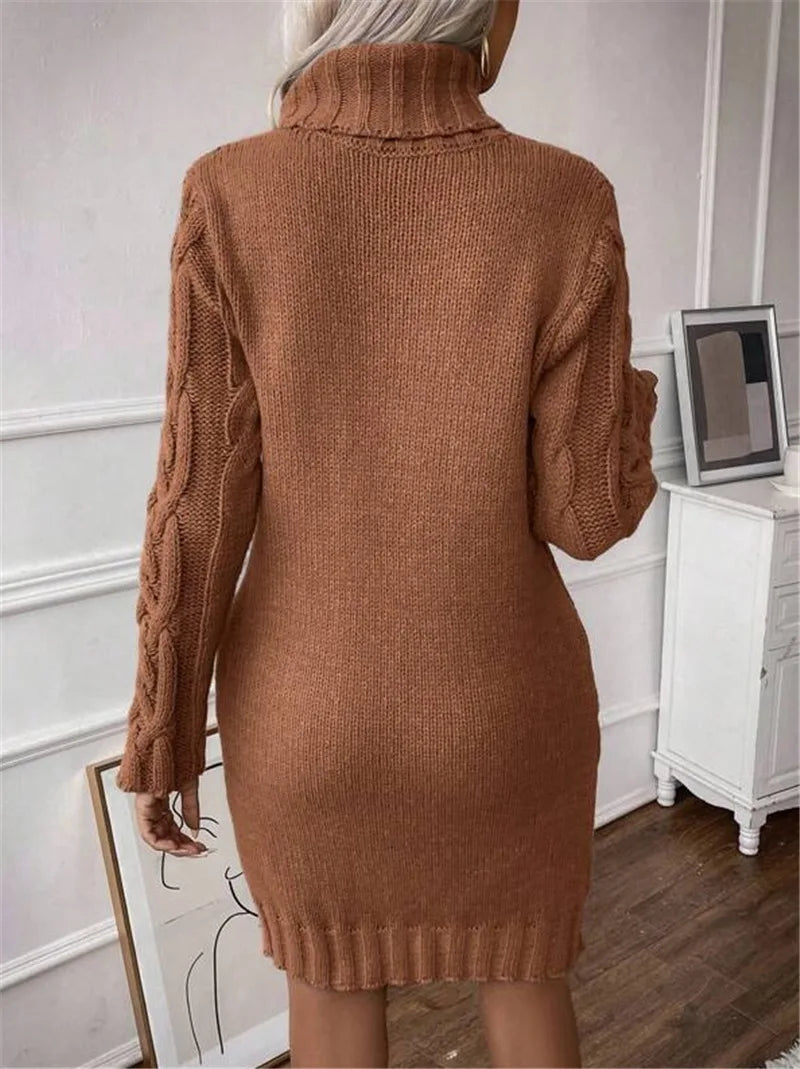 Knit Mini Dresses- Cable Knit Turtleneck Mini Dress- - IndioGear.com