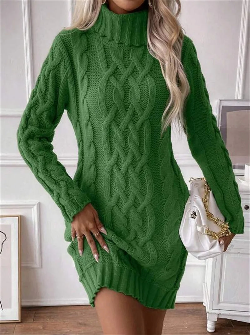 Knit Mini Dresses- Cable Knit Turtleneck Mini Dress- - IndioGear.com