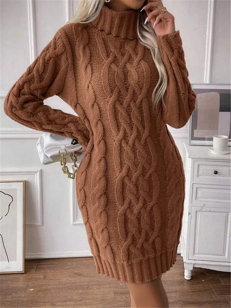 Knit Mini Dresses- Cable Knit Turtleneck Mini Dress- - IndioGear.com