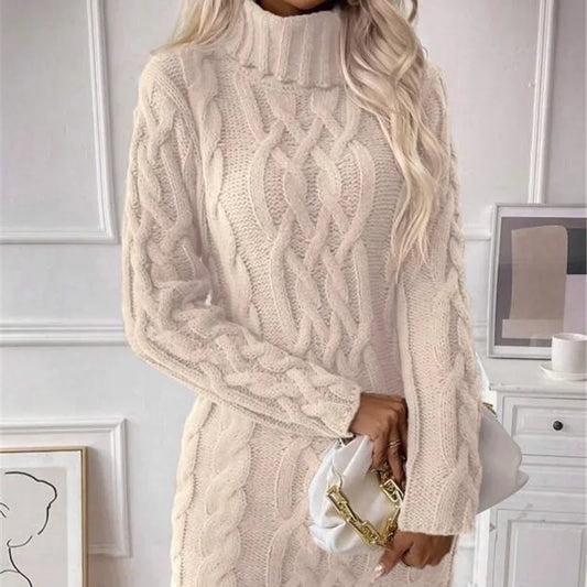 Knit Mini Dresses- Cable Knit Turtleneck Mini Dress- - IndioGear.com