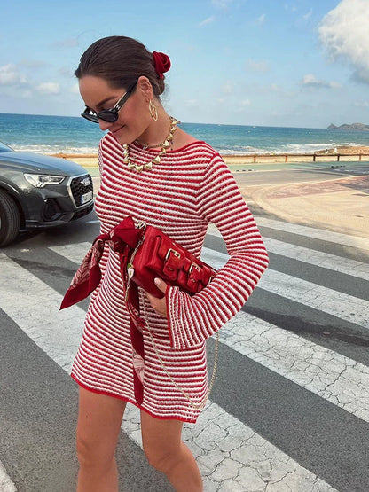 Knit Mini Dresses- Casual Striped Knit Cocktail Mini Dress - Party Perfect 🎉👗- - IndioGear Women Clothing