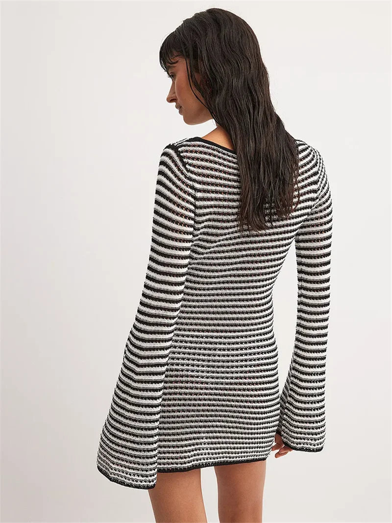 Knit Mini Dresses- Casual Striped Knit Cocktail Mini Dress - Party Perfect 🎉👗- - IndioGear Women Clothing