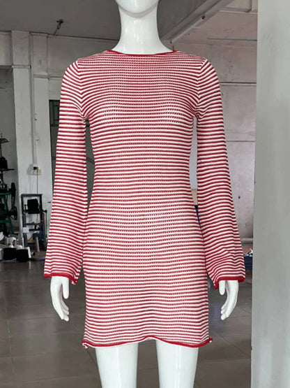 Knit Mini Dresses- Casual Striped Knit Cocktail Mini Dress - Party Perfect 🎉👗- Red- IndioGear Women Clothing