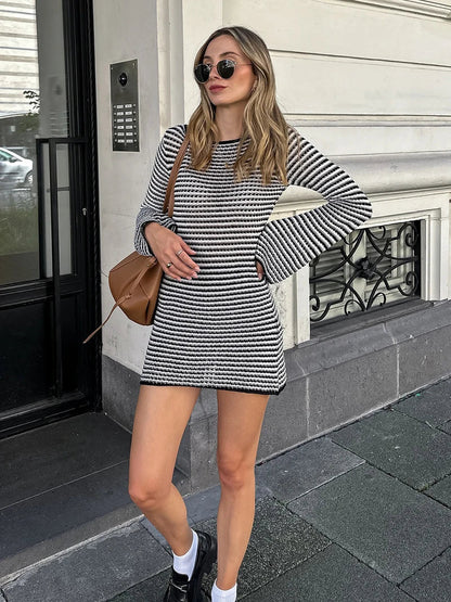 Knit Mini Dresses- Casual Striped Knit Cocktail Mini Dress - Party Perfect 🎉👗- - IndioGear Women Clothing