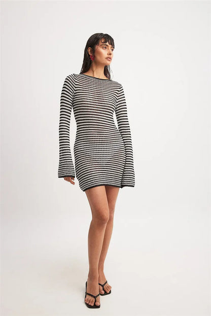 Knit Mini Dresses- Casual Striped Knit Cocktail Mini Dress - Party Perfect 🎉👗- - IndioGear Women Clothing