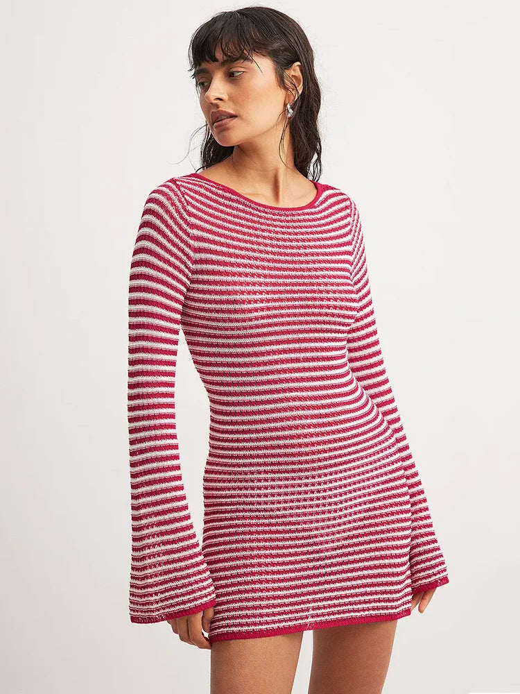 Knit Mini Dresses- Casual Striped Knit Cocktail Mini Dress - Party Perfect 🎉👗- - IndioGear Women Clothing