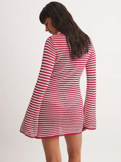 Knit Mini Dresses- Casual Striped Knit Cocktail Mini Dress - Party Perfect 🎉👗- - IndioGear Women Clothing