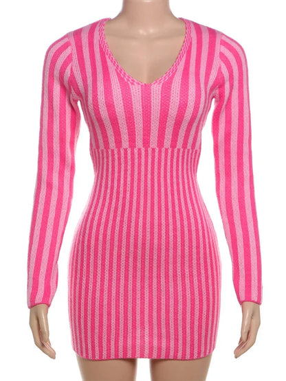 Knit Mini Dresses- Cut-out Back Pink Striped Knit Mini Dress- - IndioGear.com