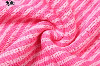 Knit Mini Dresses- Cut-out Back Pink Striped Knit Mini Dress- - IndioGear.com