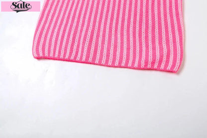 Knit Mini Dresses- Cut-out Back Pink Striped Knit Mini Dress- - IndioGear.com