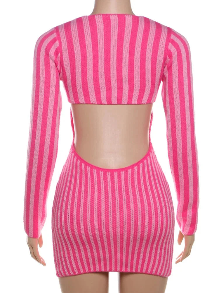 Knit Mini Dresses- Cut-out Back Pink Striped Knit Mini Dress- - IndioGear.com