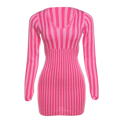 Knit Mini Dresses- Cut-out Back Pink Striped Knit Mini Dress- - IndioGear.com