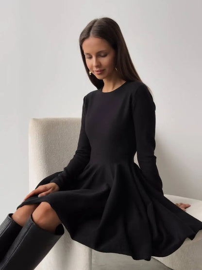 Knit Mini Dresses- Long Sleeve Flared Skirts Knit Mini Dress