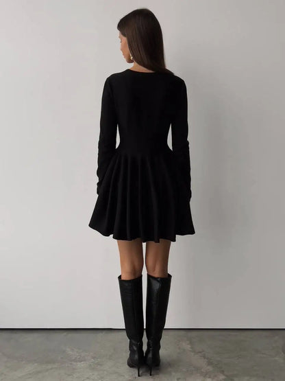 Knit Mini Dresses- Long Sleeve Flared Skirts Knit Mini Dress