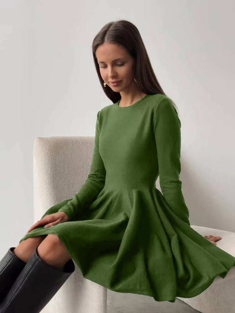 Knit Mini Dresses- Long Sleeve Flared Skirts Knit Mini Dress