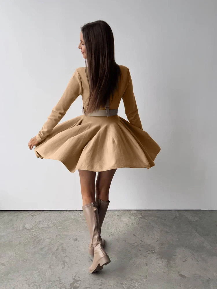 Knit Mini Dresses- Long Sleeve Flared Skirts Knit Mini Dress